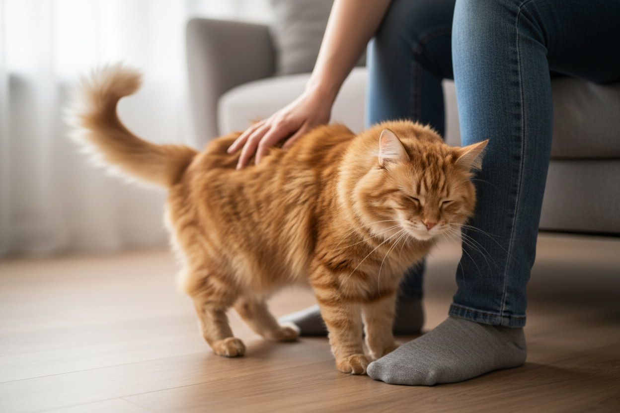 Happy cat brushing against legs